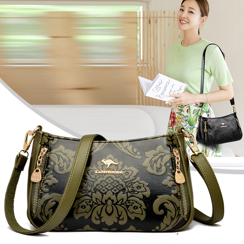 民族风真皮质感女包斜挎包2025新款印花大容量妈妈包单肩包