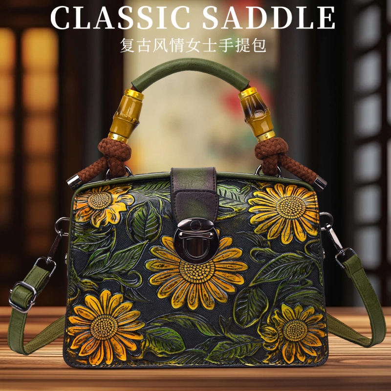 品牌正品2025新款潮复古向日葵压花手提包女百搭单肩斜挎包竹节包