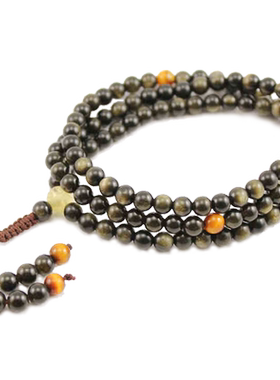 天然黑曜石水晶佛珠手链