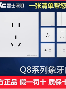 雷士电工Q8白色无框面板墙壁暗装5孔空调86型USB五孔带开关插座