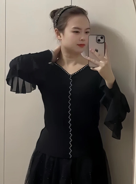 镶钻广场舞服装女春新款跳舞衣伦巴上衣吉特巴舞蹈服交谊舞演出服