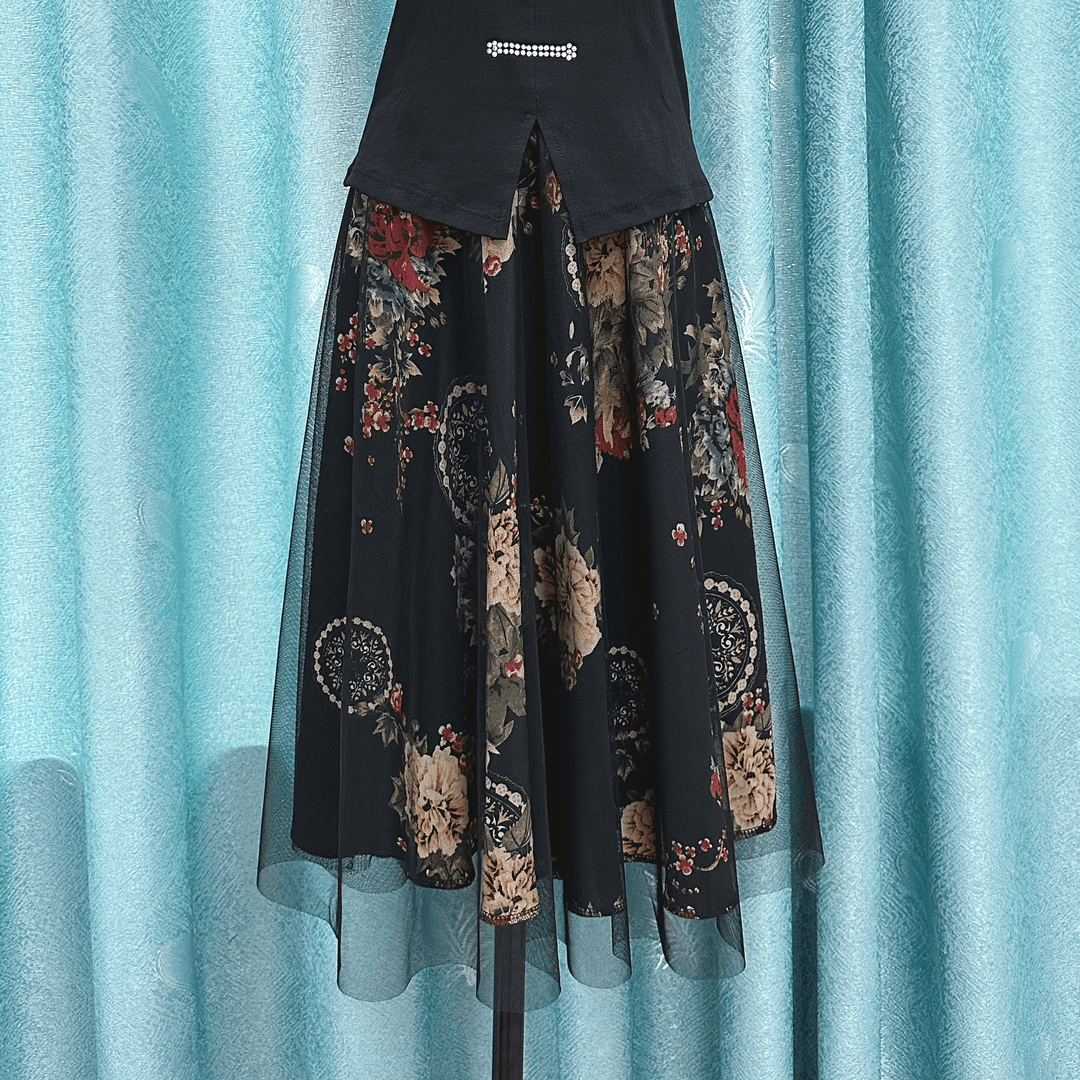 点帕斯舞新款交谊舞裙夏广场舞服装半身裙气质跳舞长裙网纱中长裙