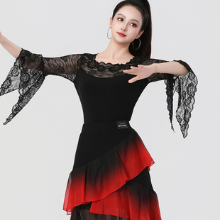 小瓶盖慢四舞蹈服长袖蕾丝衫新款舞蹈服时尚拉丁舞服交谊舞上衣女