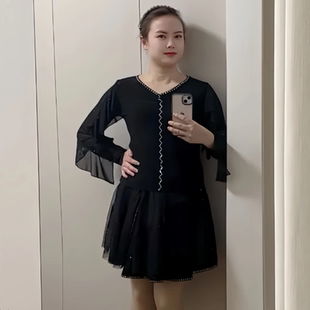 广场舞短裙吉特巴舞蹈裙镶钻秋季跳舞裙三步踩裙子交谊舞红色演出