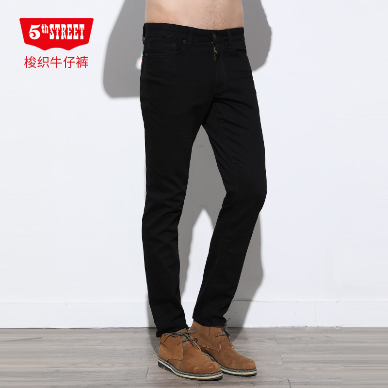 第五街秋季男装黑色弹力修身小直筒款中腰牛仔裤215116-193M0