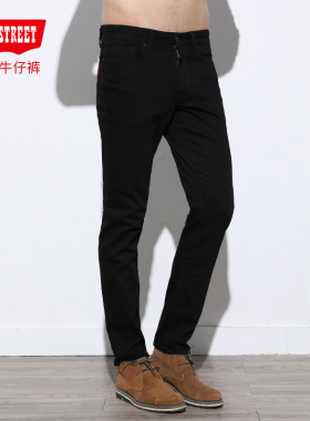 第五街秋季男装黑色弹力修身小直筒款中腰牛仔裤215116-193M0
