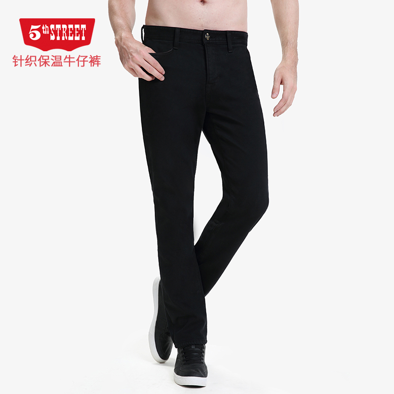 第五街男装针织防风高腰直筒加绒加厚保暖弹力牛仔裤214513