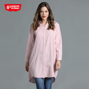 631002 第五街春秋女装 衬衫 条纹收褶长袖 201B0 休闲宽松中长款