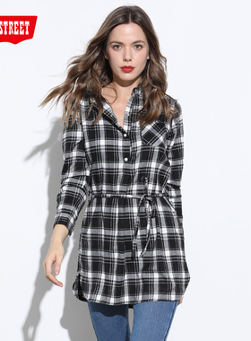 第五街春秋新款格子长袖衬衫立领收腰修身女衬衣035002-203A0
