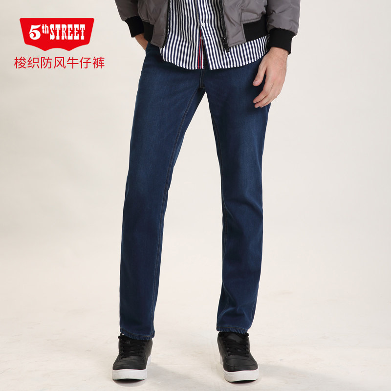 第五街冬男装加绒保暖防风小直筒加厚修身牛仔裤614892-184M0