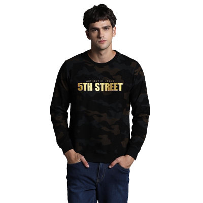 第五街春秋新款字母印花迷彩圆领