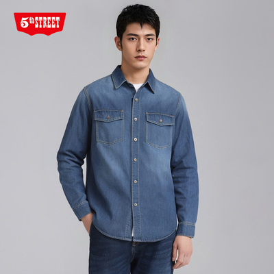 第五街5th street春秋男装时尚休闲百搭长袖牛仔衬衫630803-243