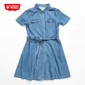 第五街夏季女装韩版短袖中长裙收腰显瘦牛仔连衣裙188002-222A0