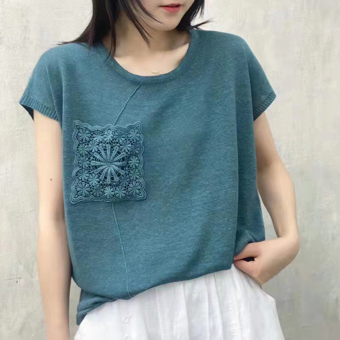 文艺蕾丝口袋亚麻针织t恤女 夏季薄款棉麻针织衫上衣宽松套头体恤