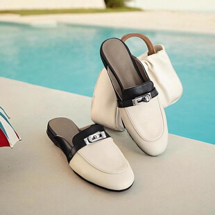 女夏外穿真皮kelly扣百搭平底包头半拖女鞋 羊皮版 `熊猫穆勒凉拖鞋