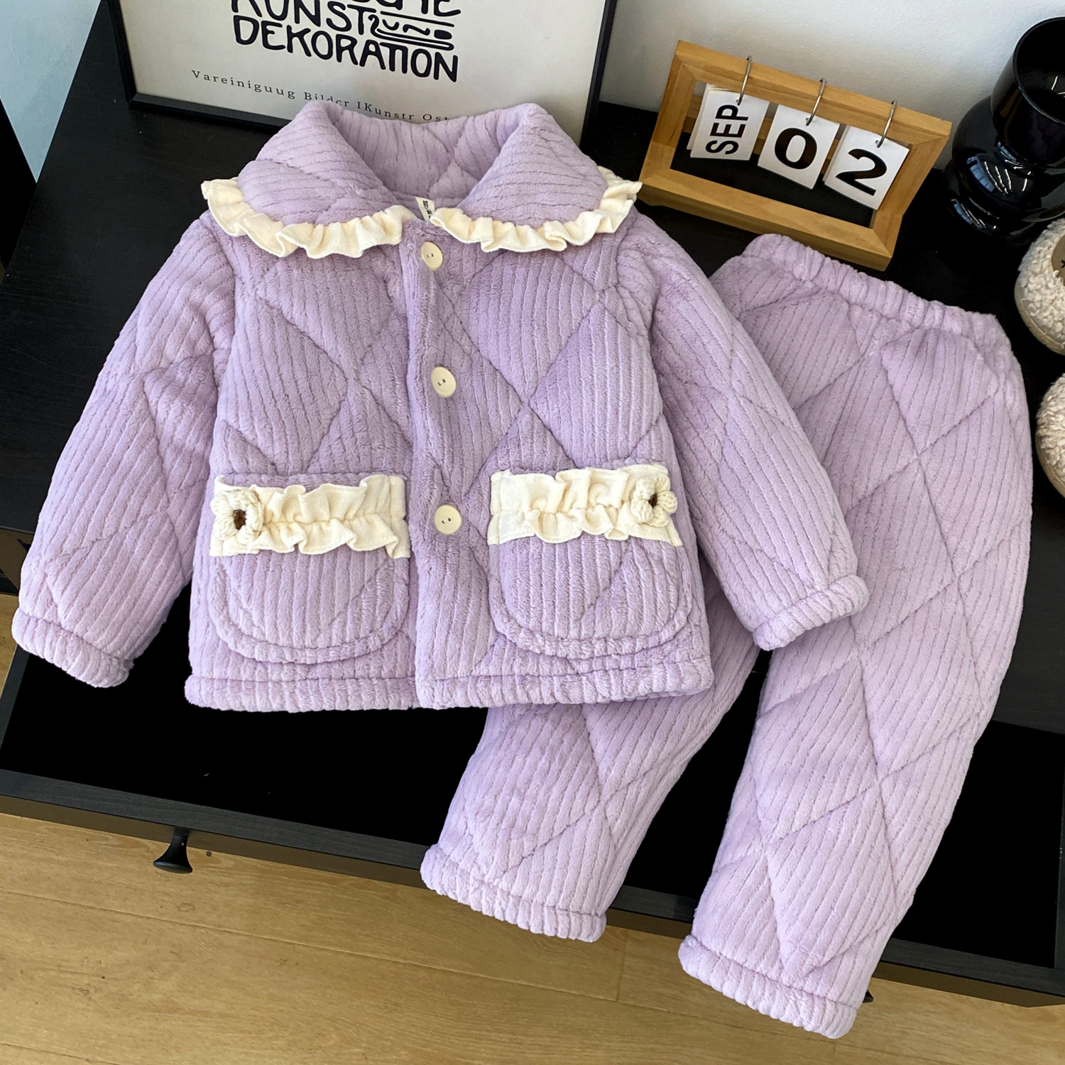 儿童睡衣冬季三层加厚夹棉法兰绒家居服套装女童可爱公主风可外穿