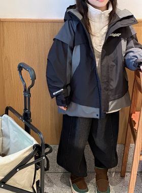 2025冬季新款女童韩版洋气中长款连帽风衣外套羽绒服