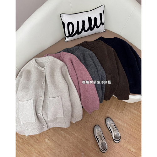 花香肉桂】韩系慵懒风单排扣显瘦毛衣休闲百搭双口袋针织外套女秋