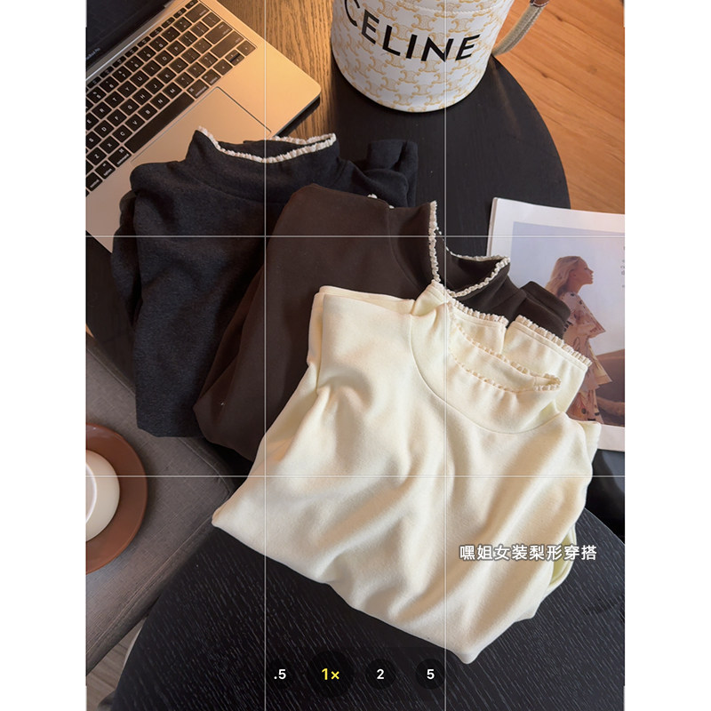 小确幸】半高领糯米绒蕾丝花边打底衫女秋冬加厚精致百搭洋气T恤