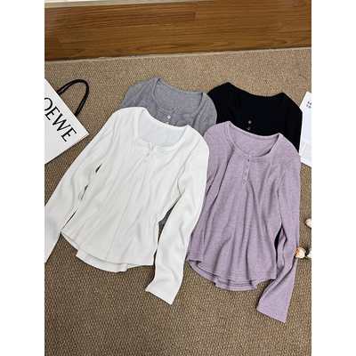 HJ | “小C腰”韩系春季百搭裸感T简约上衣 宽松正肩圆领长袖衫女