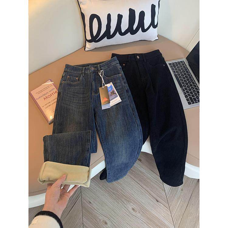 牛仔直筒裤九分裤加绒加厚