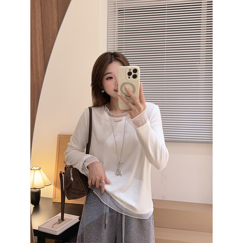 云柔细纱~韩系简约百搭显瘦圆领网纱拼接打底长袖T恤上衣女装
