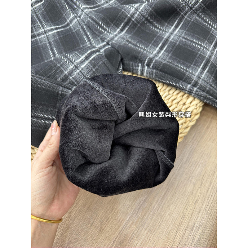 格调】经典格子窄版加绒直筒裤宽松百搭显瘦舒适休闲裤女秋冬新款