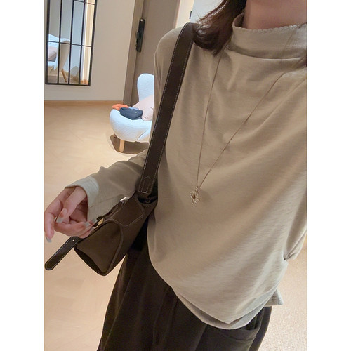 面霜T~韩系简约百搭显瘦波浪半高领收腰褶皱长袖T恤打底上衣女