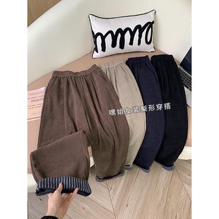 斯里兰卡】韩版卷边条纹直筒裤女冬款加绒加厚保暖显瘦休闲裤特厚