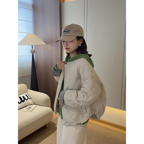 拉菲古堡~韩系简约百搭显瘦圆领菱格夹克棉服外套上衣女秋