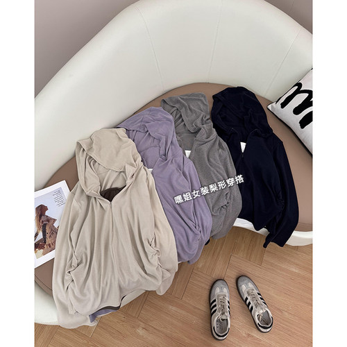 【拼接假两件】半拉链螺纹撞色长袖帽衫女褶皱收腰显瘦休闲上衣