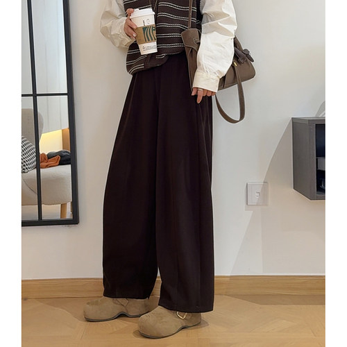松弛随性~韩系简约百搭宽松显瘦高腰松紧带阔腿休闲裤女秋