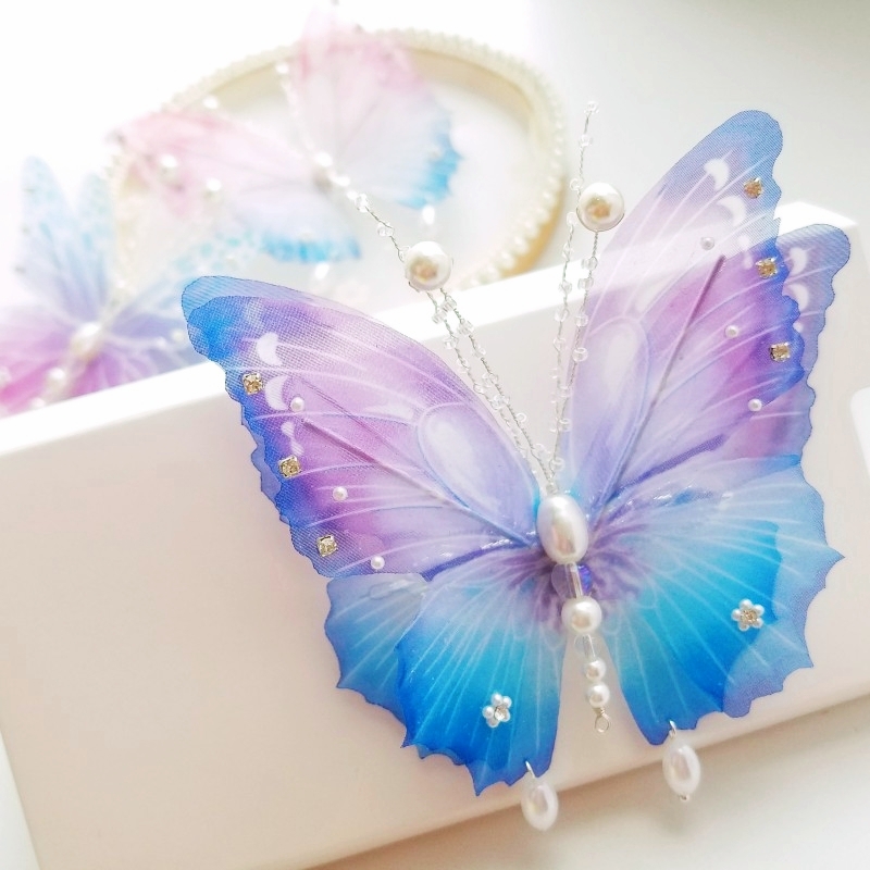 双层薄纱会动的蝴蝶发夹汉服发饰