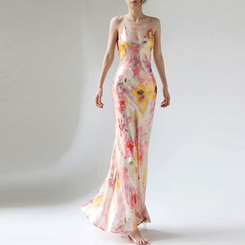 cicidream真丝吊带超长连衣裙