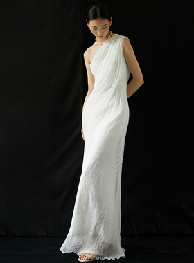 cicidream 夏季新品古典神话希腊风格手缝桑蚕丝纯白色长裙连衣裙