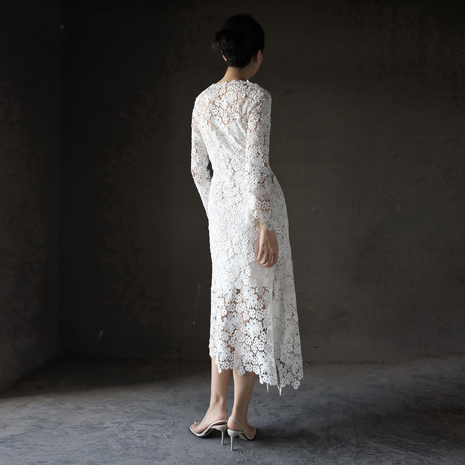 cicidream 全手工缝纫无痕包裹轻礼服长袖白色蕾丝连衣裙优雅长裙