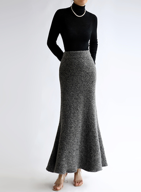 cicidream非常保暖 又灵动有型秋冬灰色羊毛半身高腰鱼尾长裙