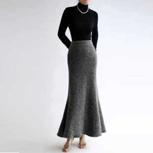 cicidream非常保暖 又灵动有型秋冬灰色羊毛半身高腰鱼尾长裙