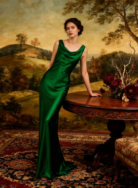 cicidream 翠绿 桑蚕丝 修身荡领超长款连衣裙