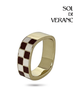 SOLDEVERANO蕃秀 大马士·格致戒指棋盘格棕色方形百搭经典女复古