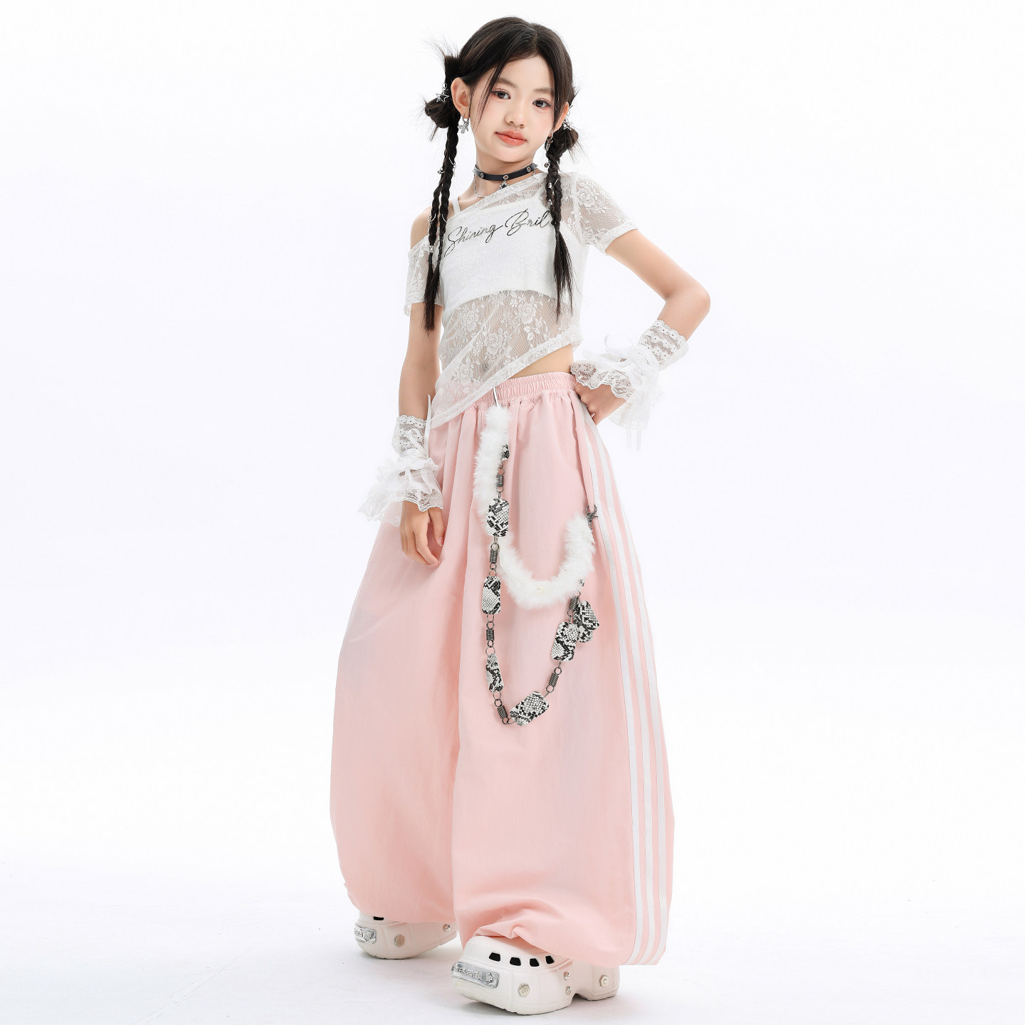 女童甜酷风爵士舞服装白色蕾丝网纱罩衫套装jazz舞蹈练功服演出服