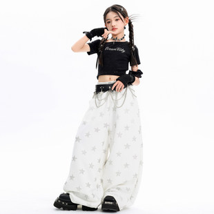 女童爵士舞炸街潮服模特走秀时装舞蹈表演服新款酷飒风白色裤子夏