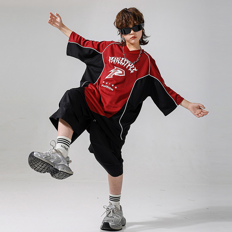 炸街红色短袖上衣t恤宽松男童街舞服装hiphop儿童架子鼓演出服酷