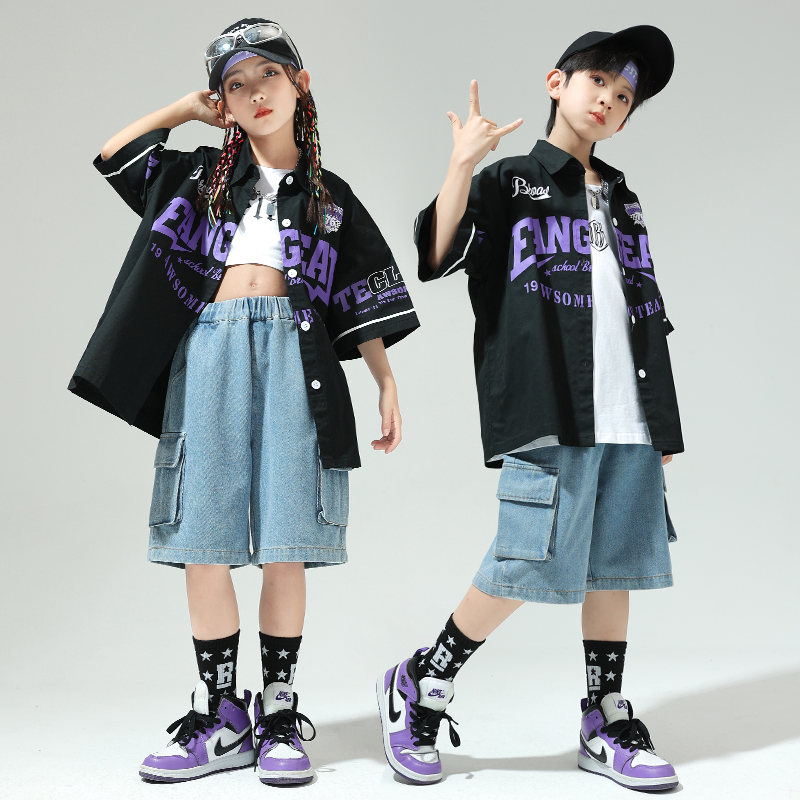 popping衣服儿童演出服吉他男童夏季街舞服装衬衣炸街痞帅短袖潮