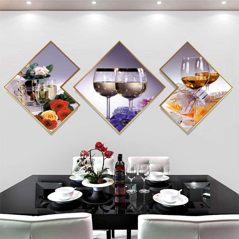 轻奢餐厅装饰画创意多变形三联画现代简约背景墙挂画异形花卉壁画