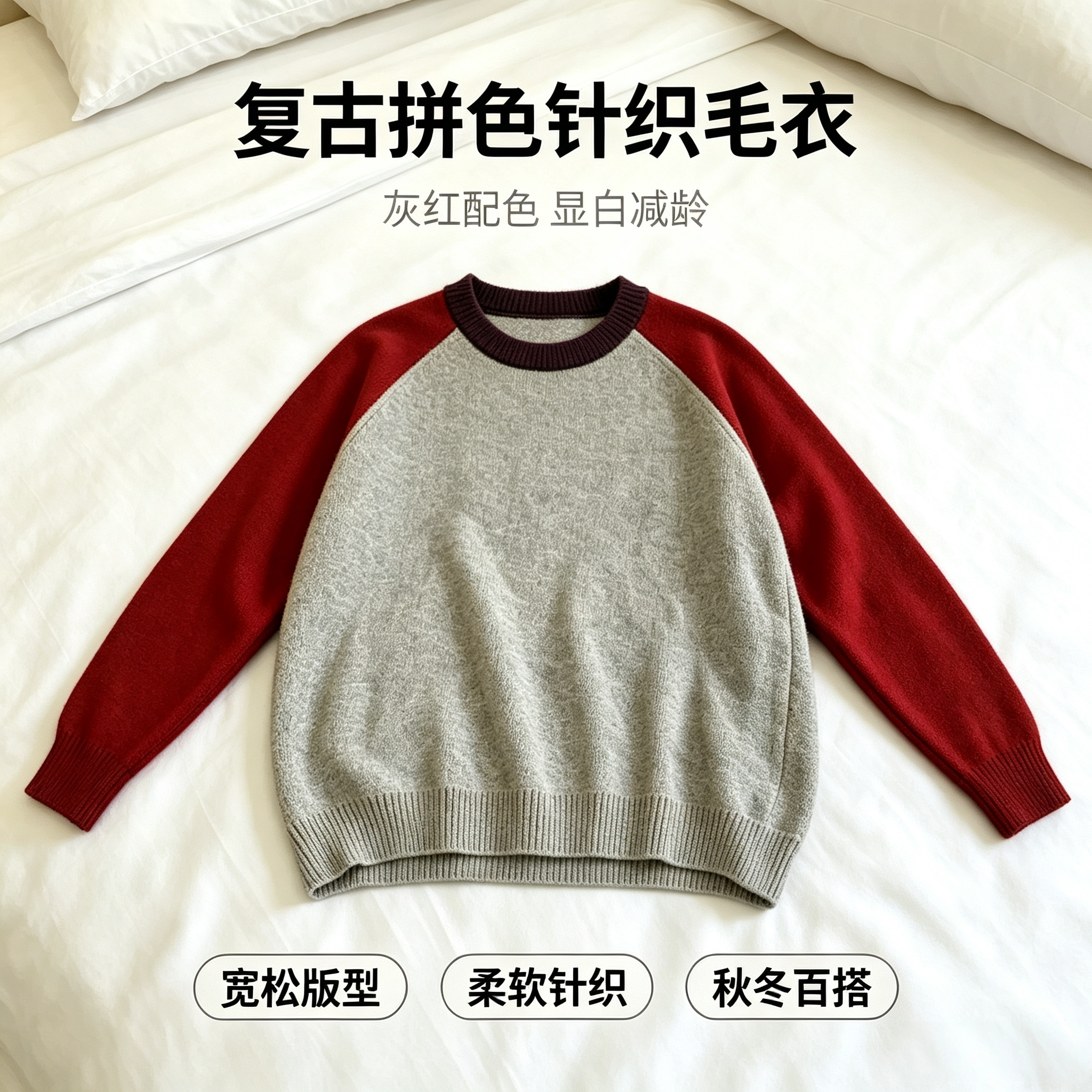信德服饰2026秋冬新款圆领拼色针织衫女宽松显瘦百搭毛衣上衣2352