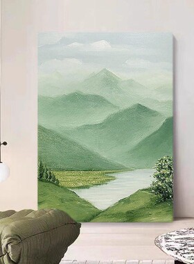 奶油风青山绿水手绘油画小清新大芬村客厅装饰画风景绿色玄关挂画