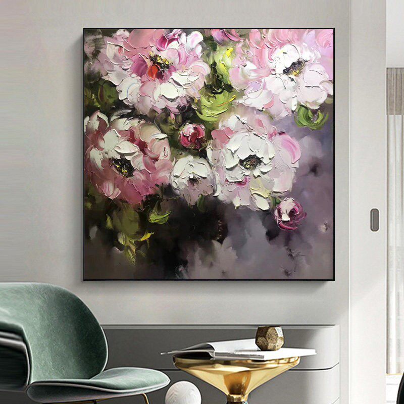 大芬村手绘油画挂画现代简约客厅餐厅装饰画饭厅双联刀画牡丹花