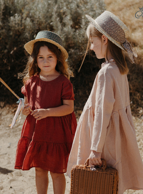 Caicaiai新款北欧风儿童姐妹春秋粉红苎麻女童洋气连衣裙161+1326