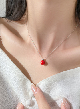 S925银新年红色锁骨项链小众设计精致简约单钻红珠高级项链Y02027